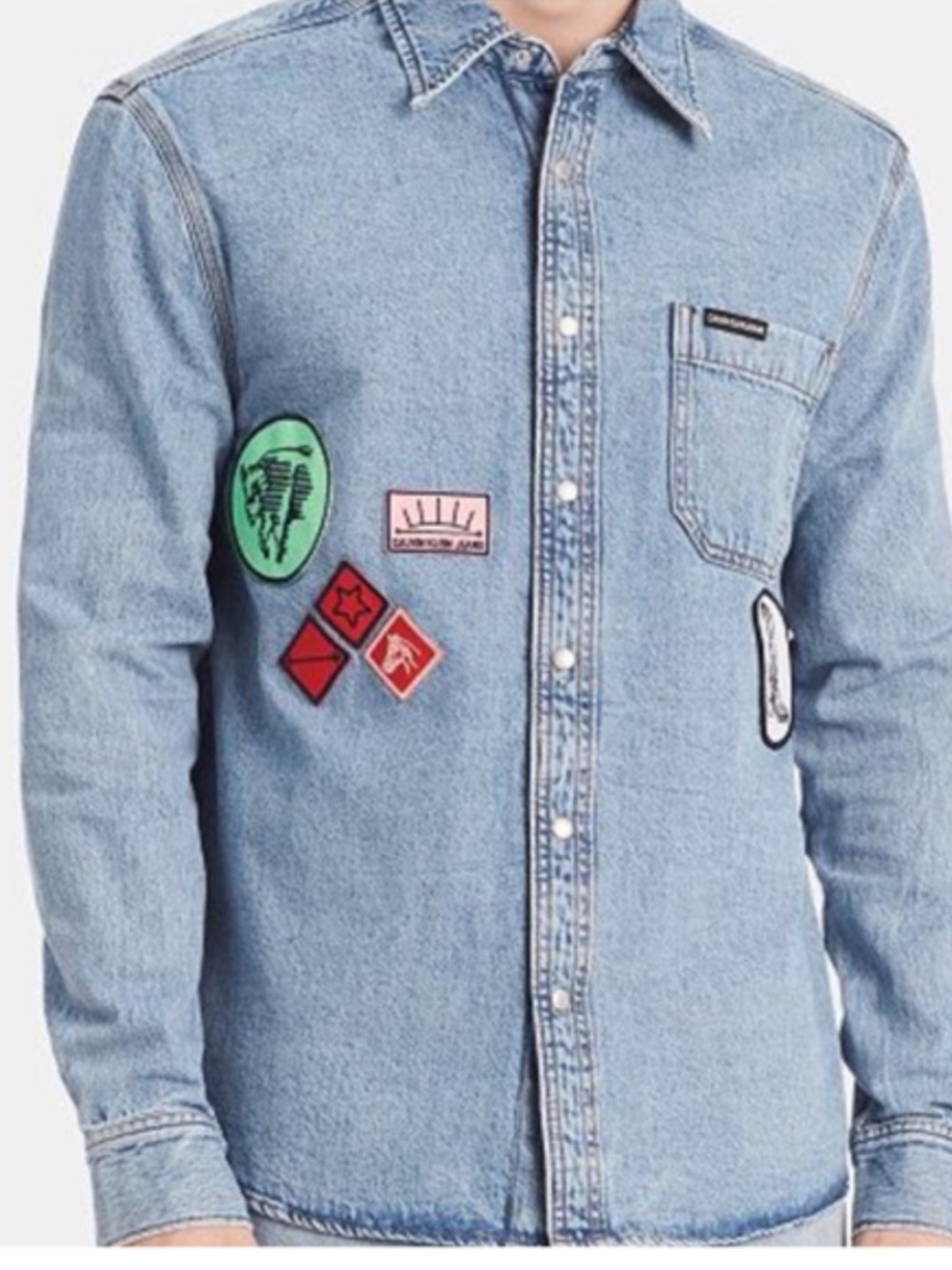 Vintage Calvin Klein Light Blue Denim Shirt with Colorful Patches